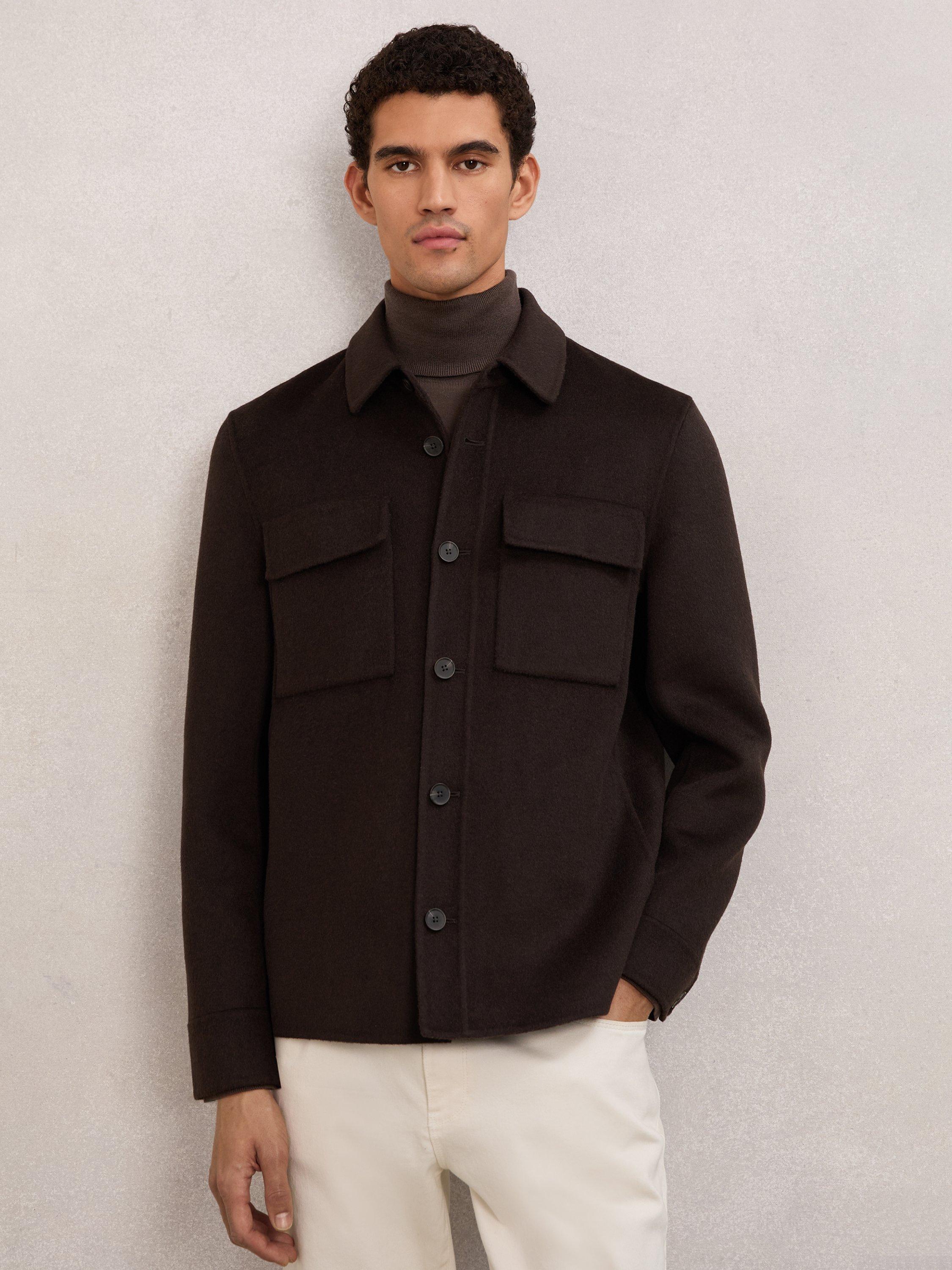 Product image 1 of 5, which shows Reiss Net Wool Blend Overshirt, Brown, XS