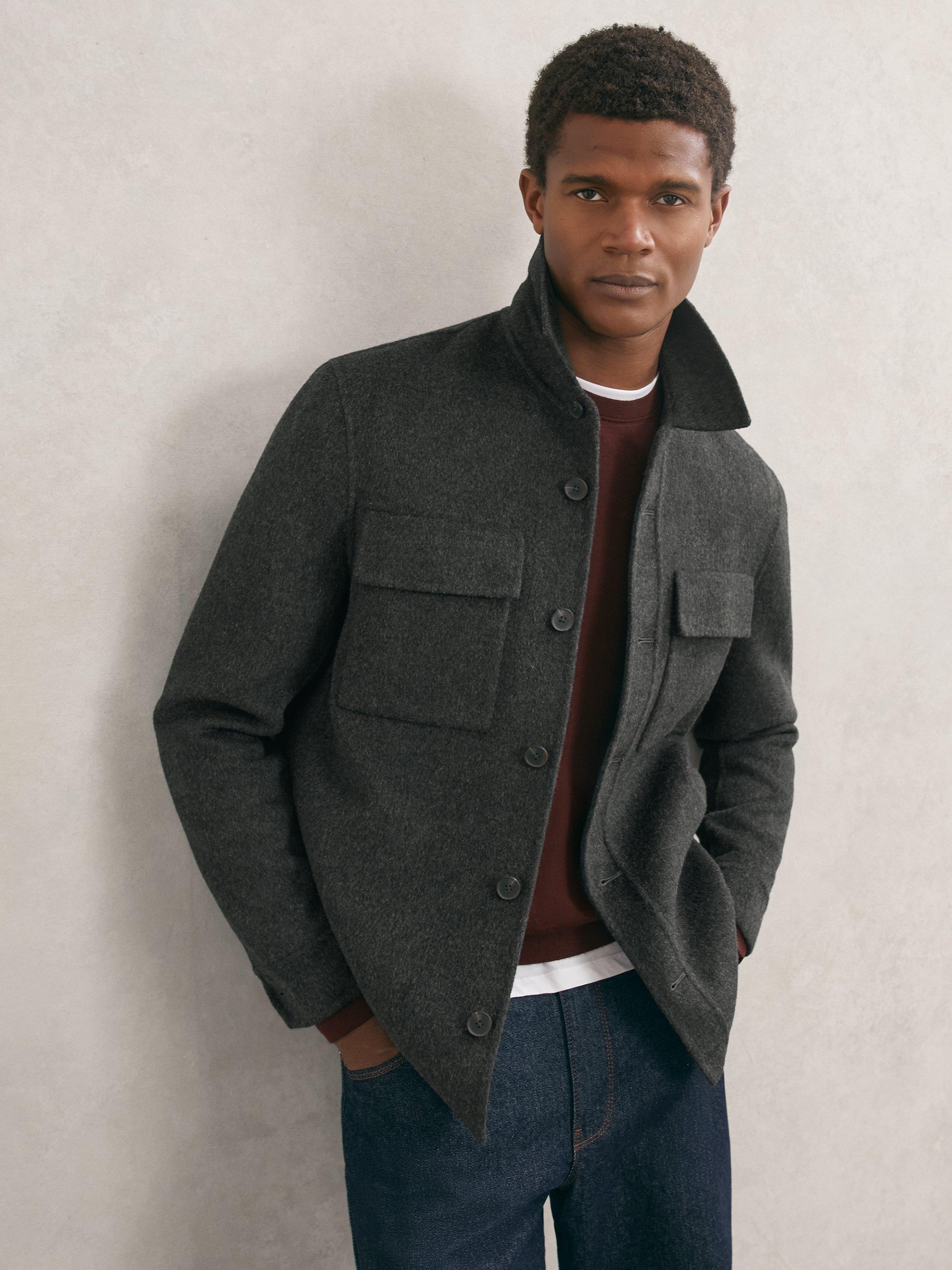 Product image 1 of 5, which shows Reiss Net Wool Blend Overshirt, Charcoal Grey, XS