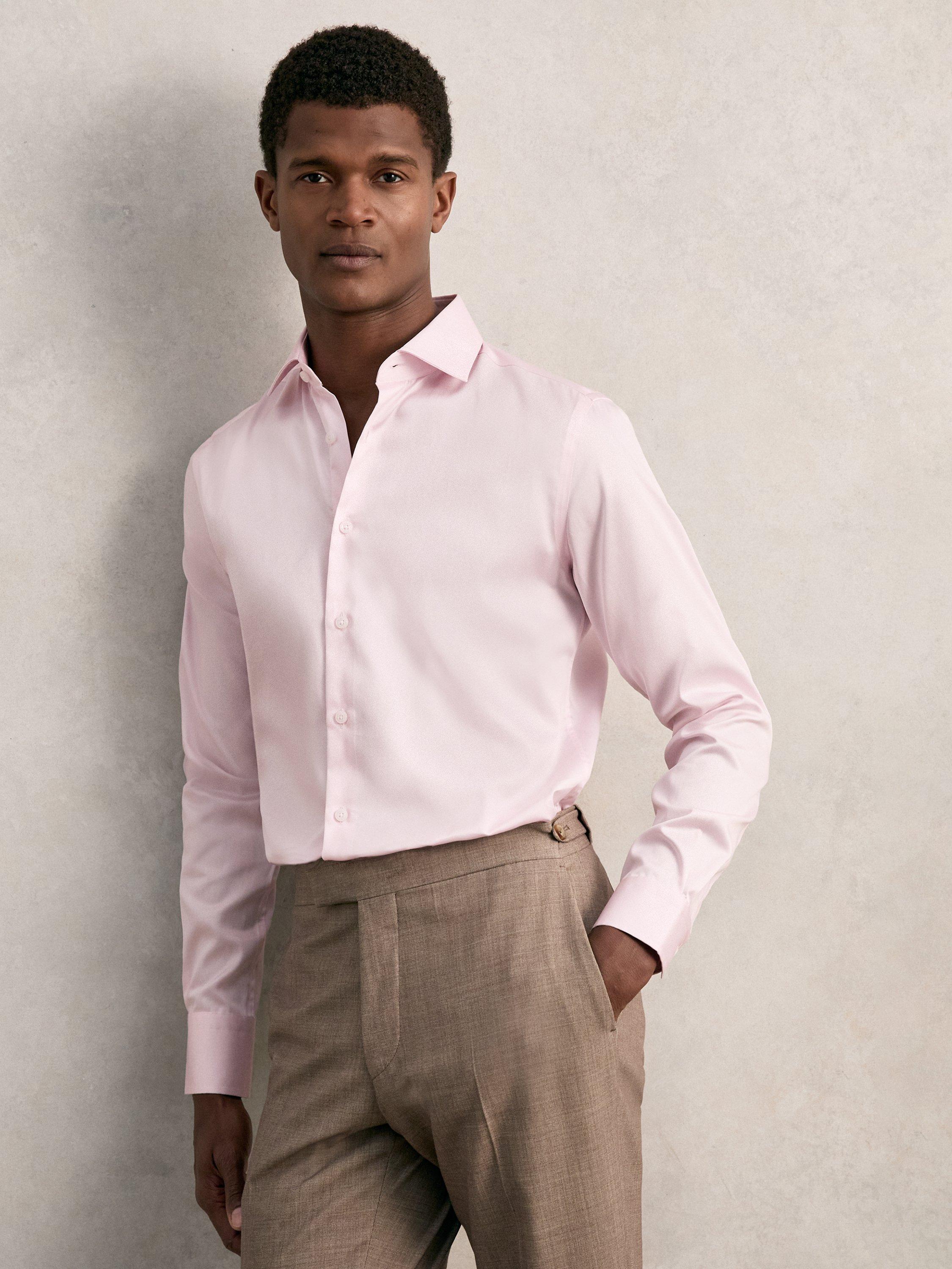 Product image 1 of 5, which shows Reiss Remote Cotton Satin Shirt, Pink, XS