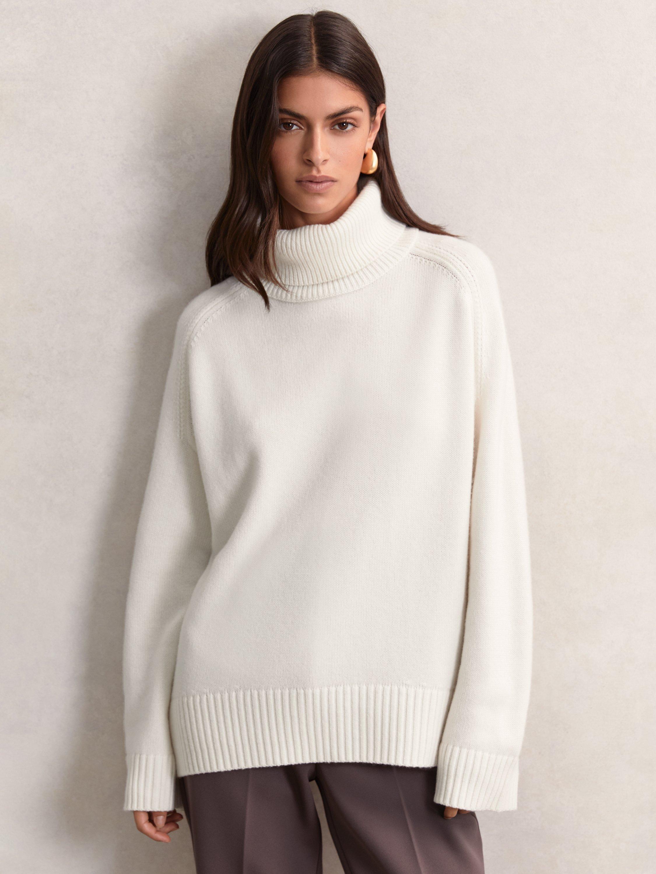 Product image 1 of 5, which shows Reiss Brooklyn Wool Rich Roll Neck Jumper, Cream, XS