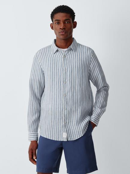 John Lewis Linen Wide Stripe Shirt, Blue/White, Blue/White Str