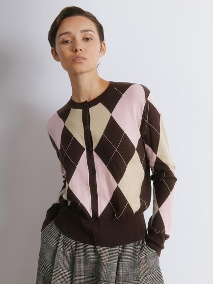 Albaray Crew Neck Argyle Cardigan, Pink/Multi, Pink/Multi