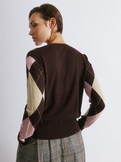 Albaray Crew Neck Argyle Cardigan, Pink/Multi - view 2, Pink/Multi