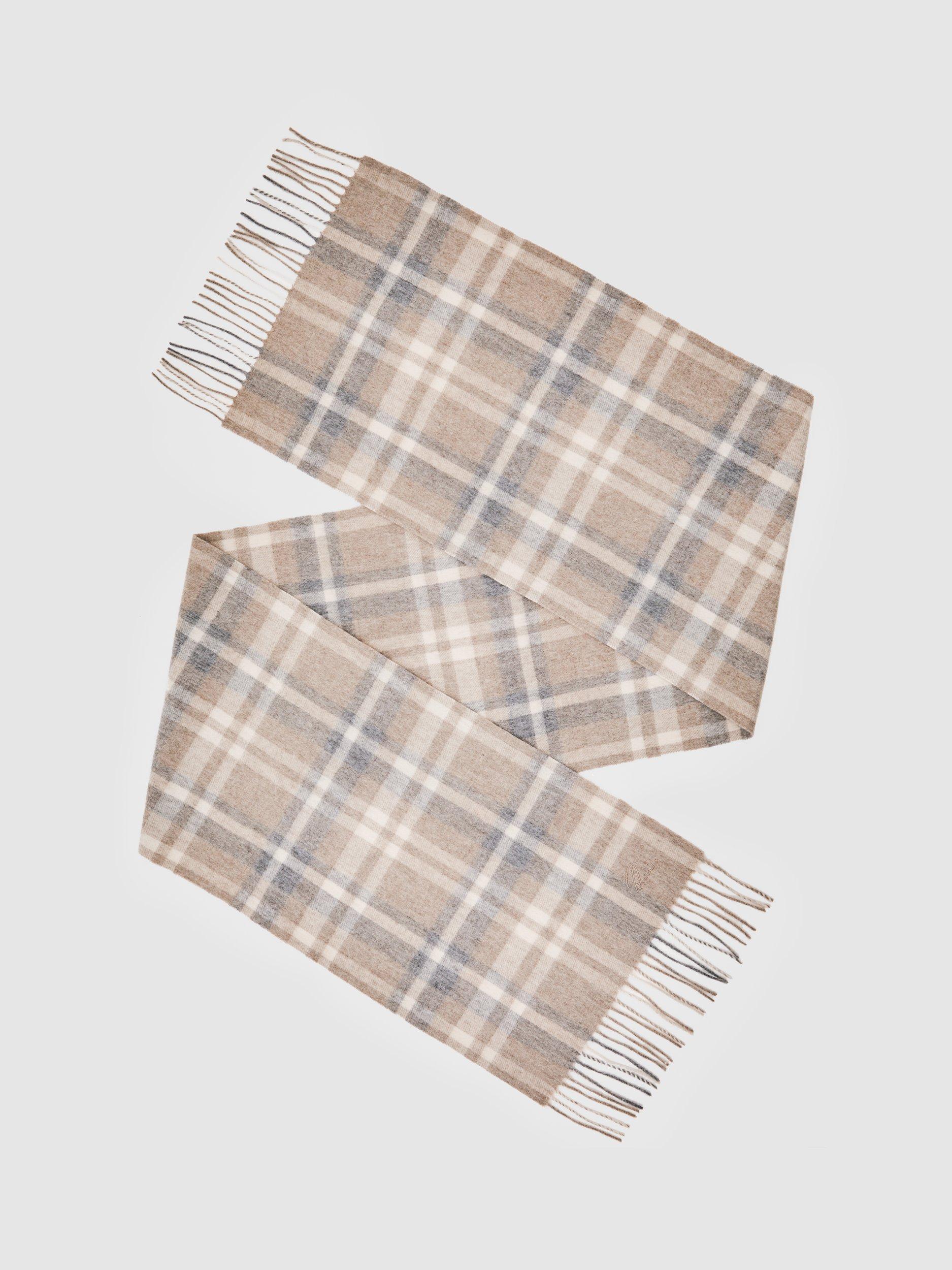 Product image 1 of 5, which shows Reiss Charis Check Wool Cashmere Blend Scarf, Oatmeal/Multi, One Size
