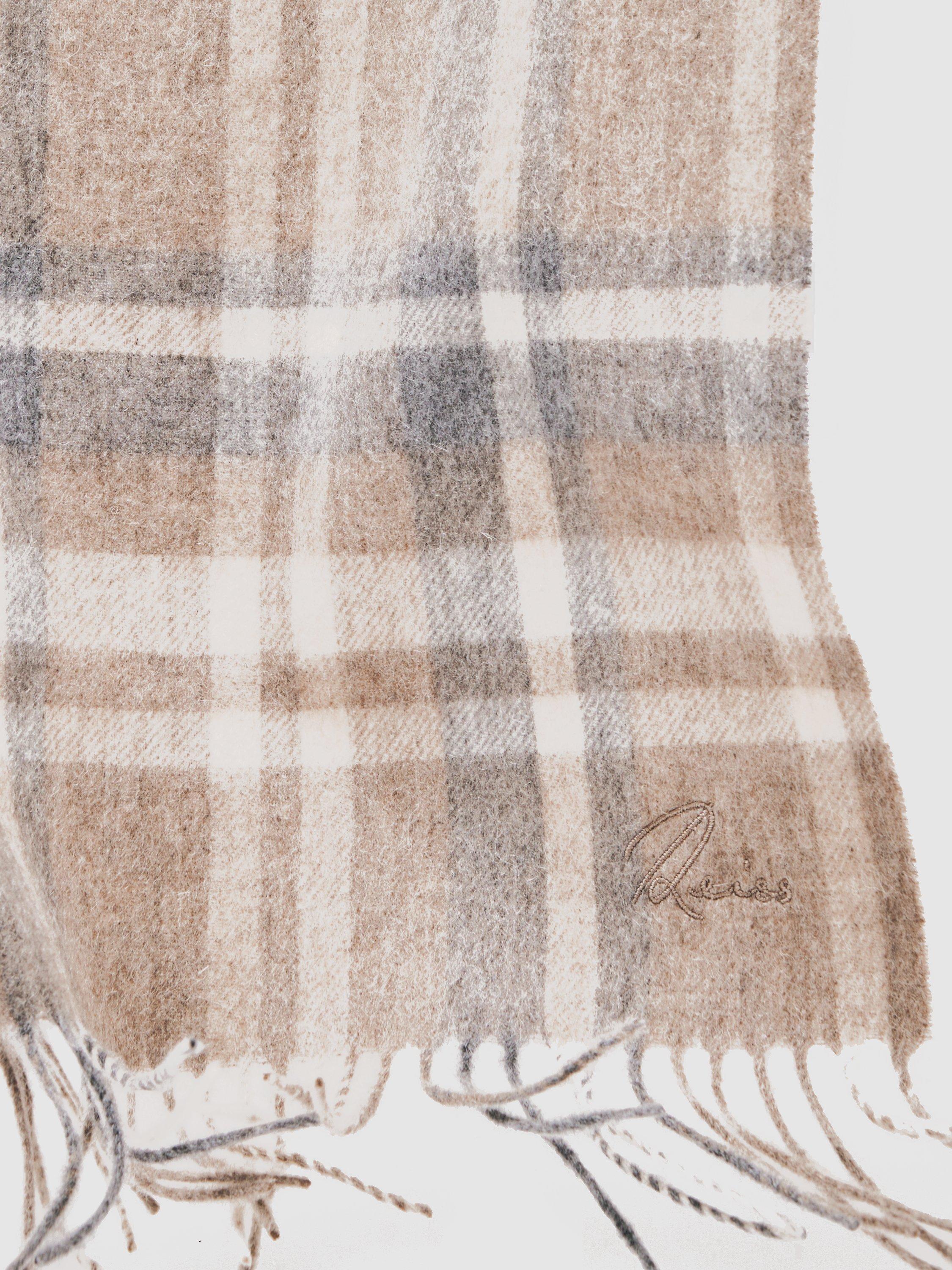 Product image 2 of 5, which shows Reiss Charis Check Wool Cashmere Blend Scarf, Oatmeal/Multi, One Size