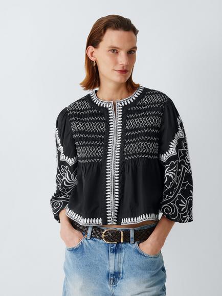 AND/OR Embroidered Cotton Blouse, Black/White, Black/White