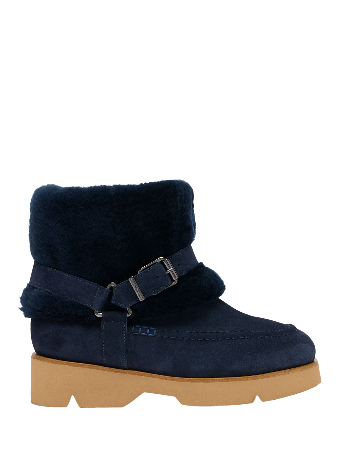 Product image 1 of 4, which shows Russell & Bromley Midlewich Suede Double Shearling Harness Ankle Boots, Blue, 5