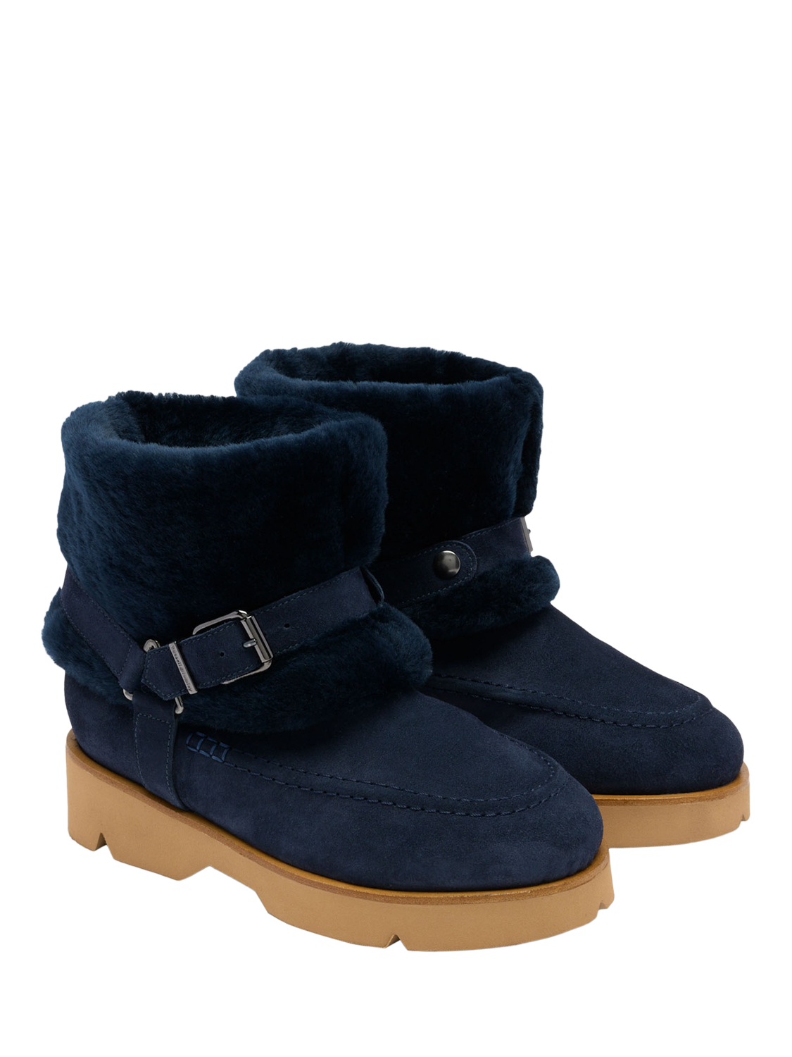 Product image 2 of 4, which shows Russell & Bromley Midlewich Suede Double Shearling Harness Ankle Boots, Blue, 5