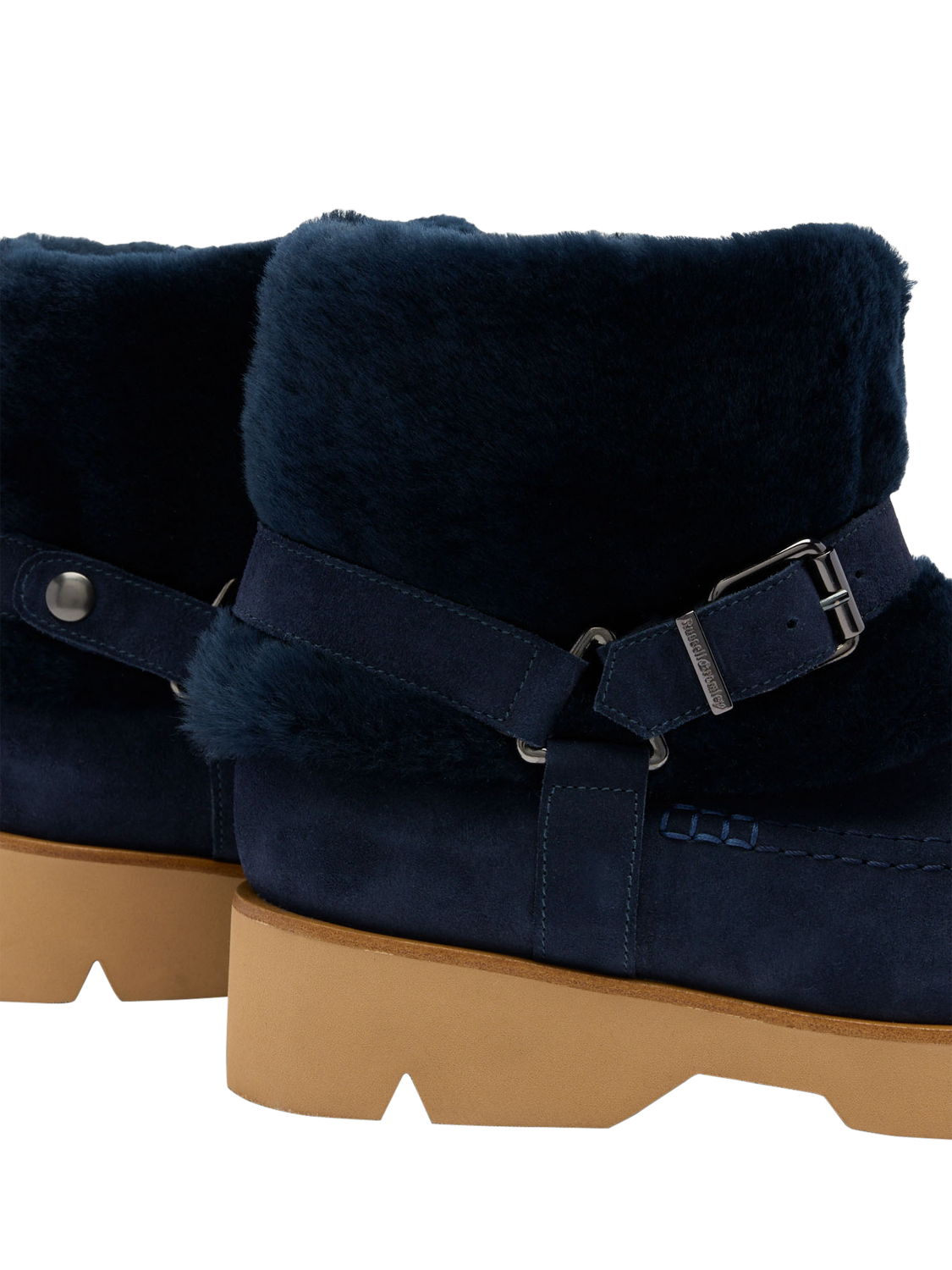 Product image 3 of 4, which shows Russell & Bromley Midlewich Suede Double Shearling Harness Ankle Boots, Blue, 5