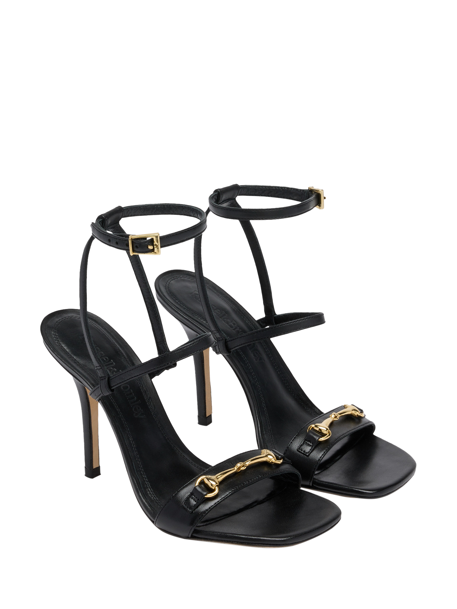 Product image 2 of 4, which shows Russell & Bromley Etterby Leather Two Part Snaffle Heeled Sandals, Black, 3