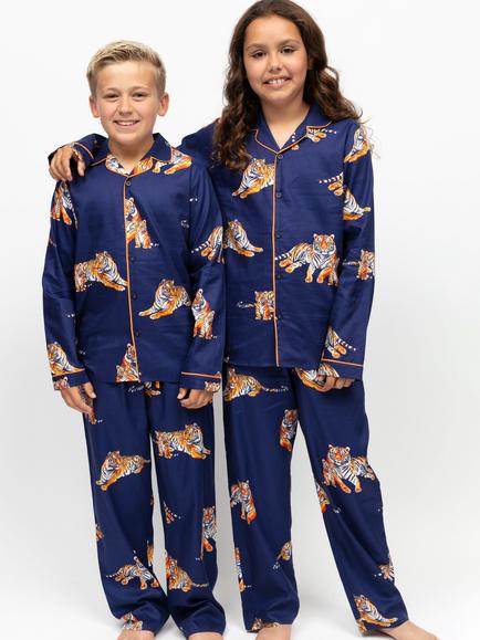 Minijammies Kids' Tiger Print Long Sleeve Pyjama Set, Navy, Navy