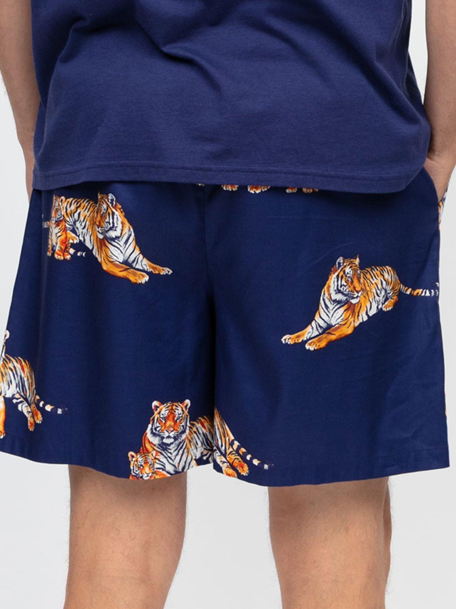Product image 2 of 4, which shows Cyberjammies Tiger Print Pyjama Shorts, Navy/Multi, S