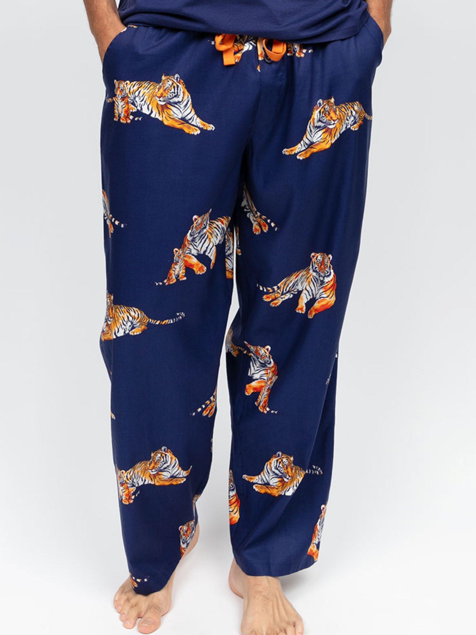 Product image 1 of 4, which shows Cyberjammies Tiger Print Pyjama Trousers, Navy/Multi, S