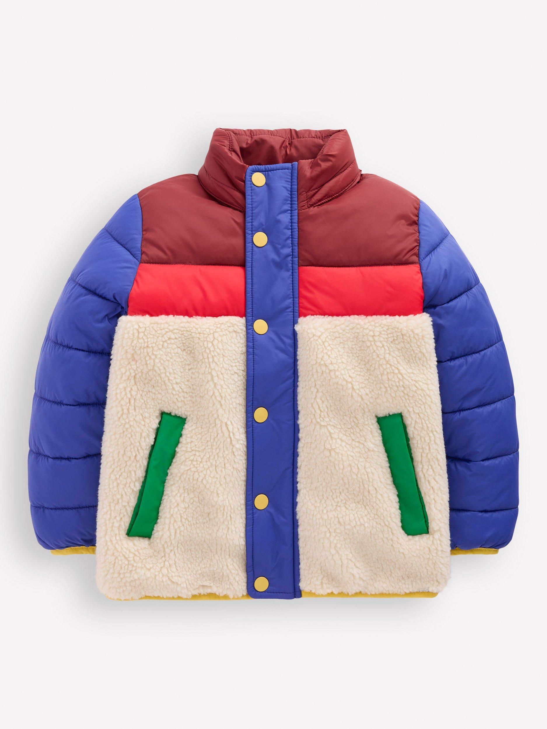 Product image 1 of 6, which shows Mini Boden Kids' Borg Panel Hooded Puffer Jacket, Multi, 2-3 years