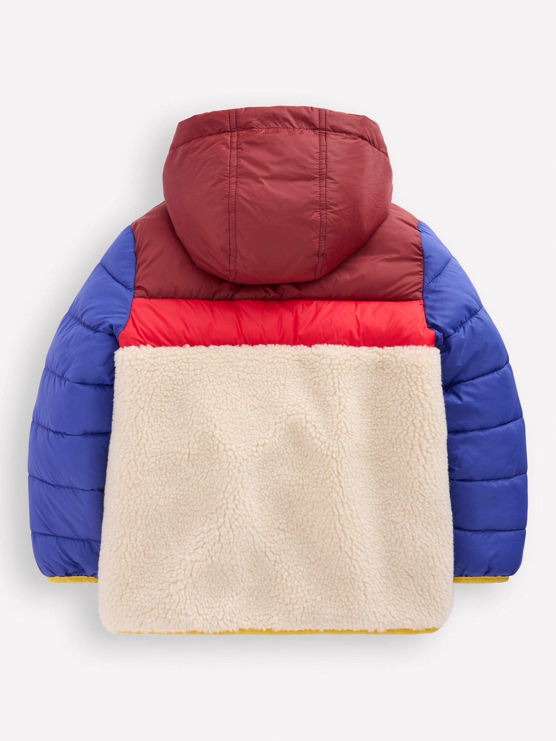 Product image 2 of 6, which shows Mini Boden Kids' Borg Panel Hooded Puffer Jacket, Multi, 2-3 years