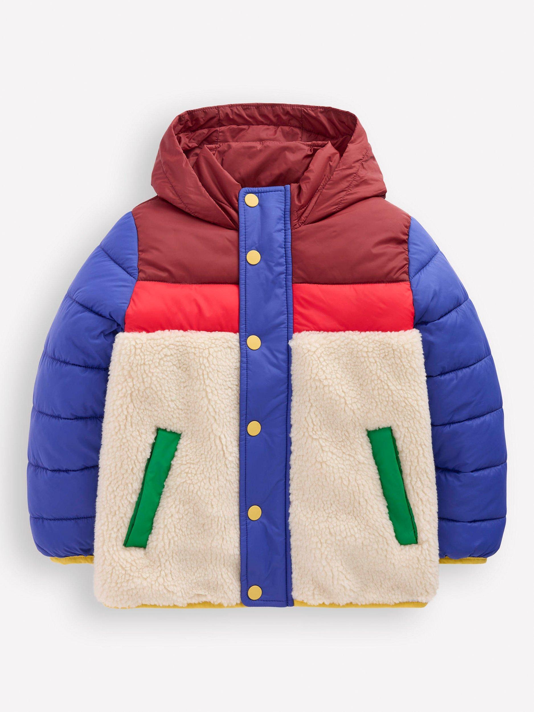 Product image 3 of 6, which shows Mini Boden Kids' Borg Panel Hooded Puffer Jacket, Multi, 2-3 years