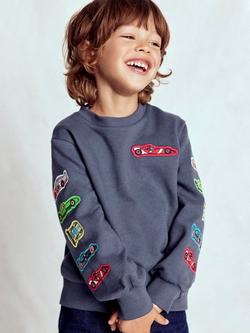 Mini Boden Kids' Cotton Applique Sweatshirt, Vintage Indigo Cars, Vintage Indigo Cars
