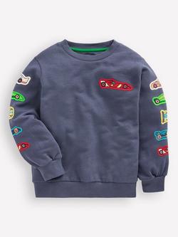 Mini Boden Kids' Cotton Applique Sweatshirt, Vintage Indigo Cars - view 2, Vintage Indigo Cars