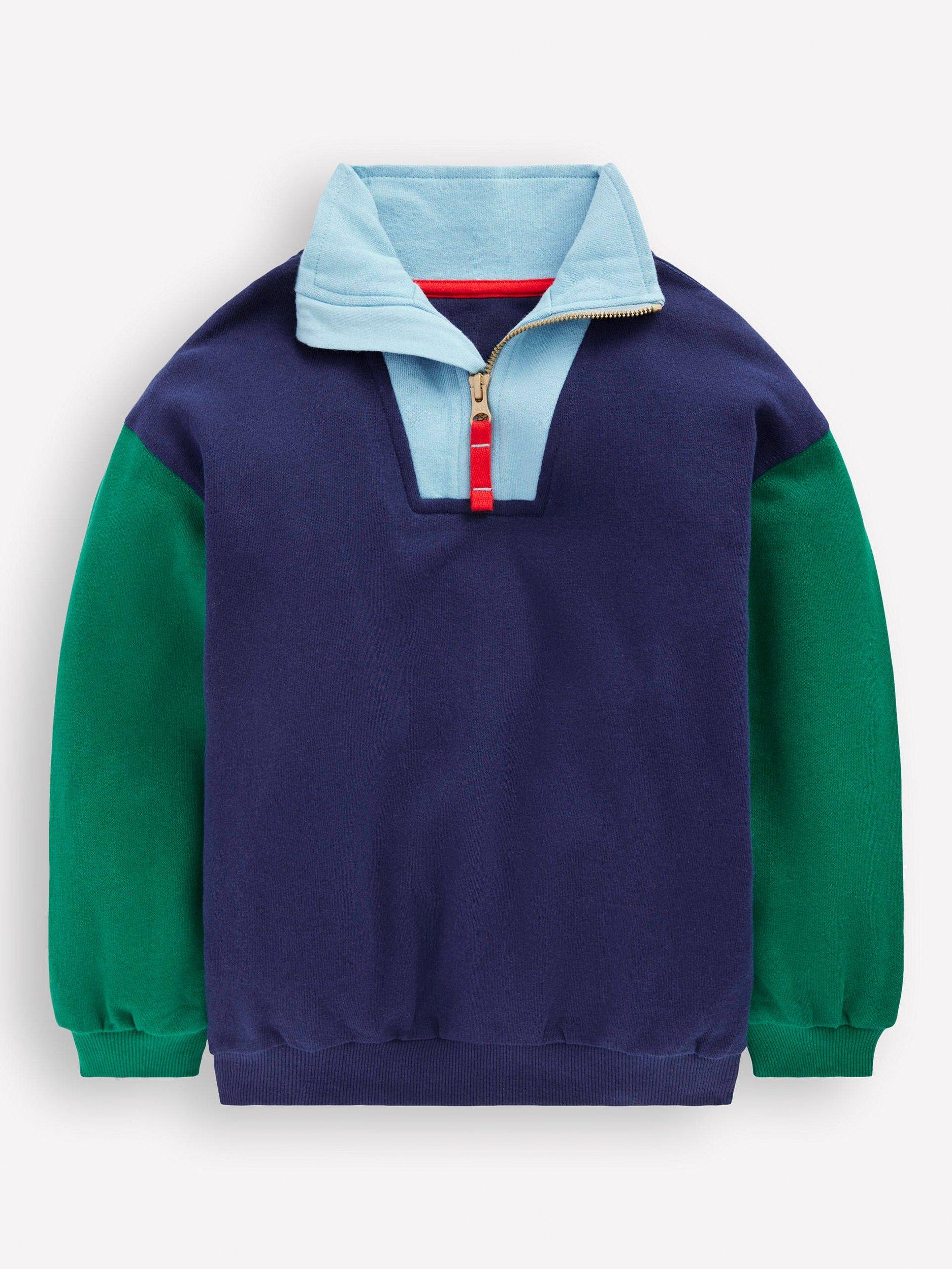 Product image 1 of 3, which shows Mini Boden Kids' Cotton Half Zip Sweatshirt, Navy Colourblock, 2-3 years