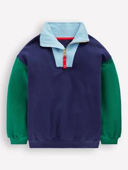 Mini Boden Kids' Cotton Half Zip Sweatshirt, Navy Colourblock, Navy Colourblock