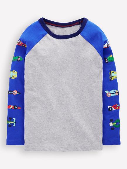 Mini Boden Kids' Cotton Long Sleeved Colour Block T-Shirt, Racing Cars, Racing Cars