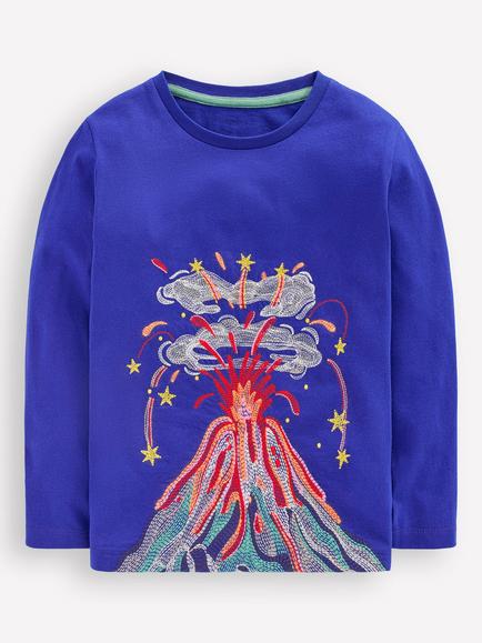 Mini Boden Kids' Cotton Super Stitch Long Sleeved T-Shirt, Multi Volcanoes, Multi Volcanoes