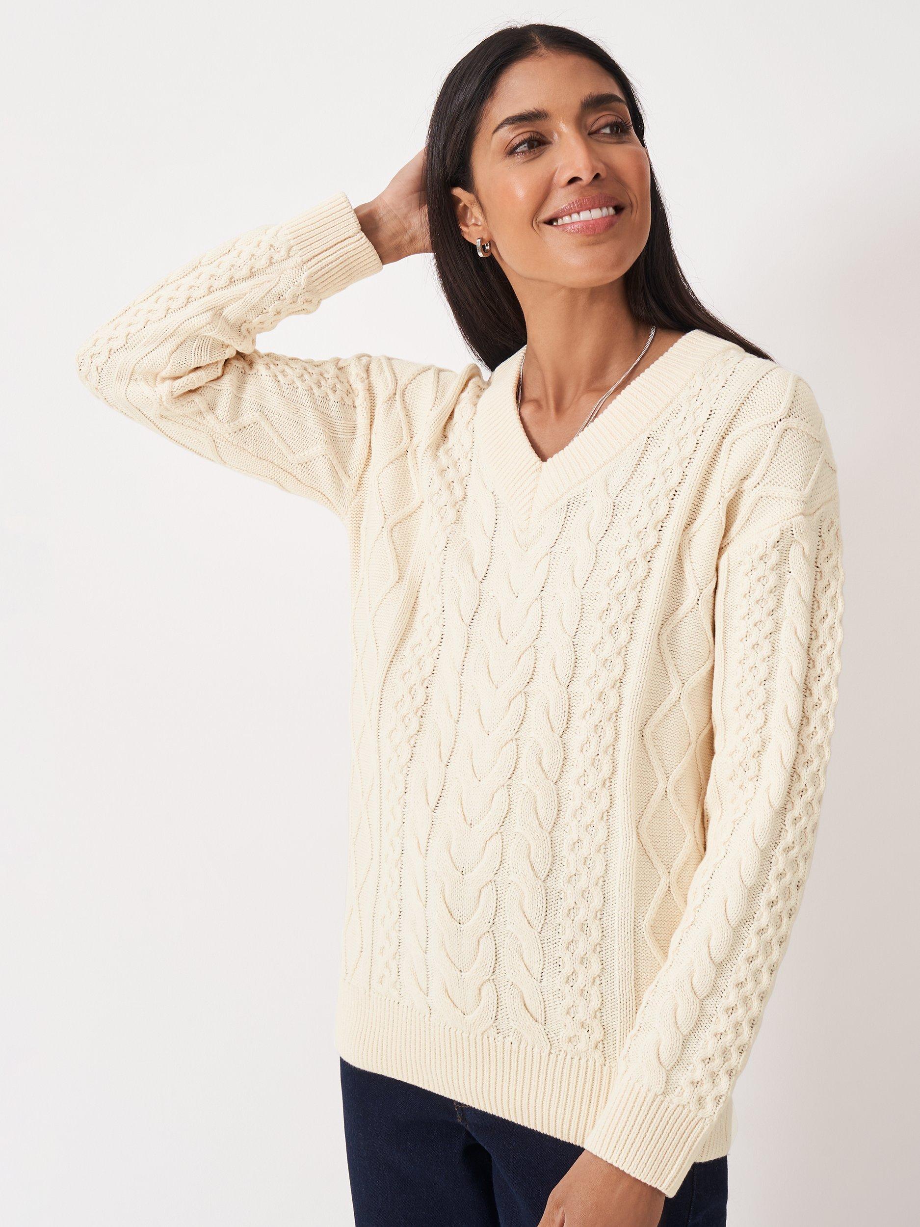 Product image 1 of 5, which shows Crew Clothing V-Neck Cable Knit Jumper, Cream, 10