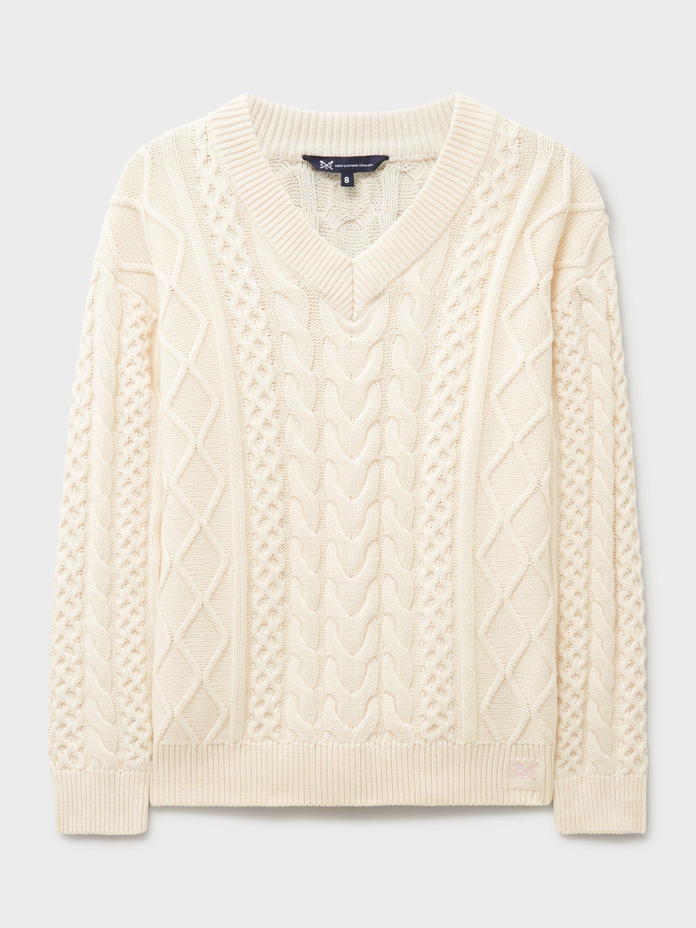 Product image 5 of 5, which shows Crew Clothing V-Neck Cable Knit Jumper, Cream, 10