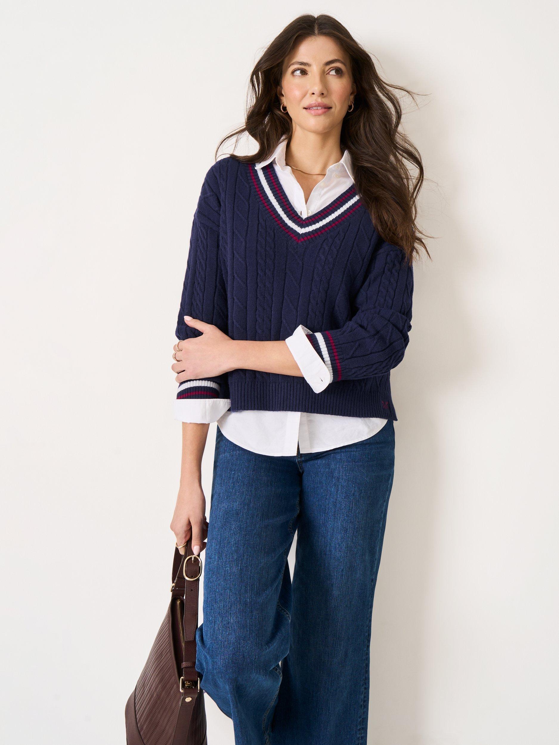 Product image 1 of 5, which shows Crew Clothing Oversized Cable Knit Cricket Jumper, Navy, 10