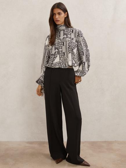Reiss Harry High Neck Long Sleeve Blouse, Ivory/Black, Ivory/Black