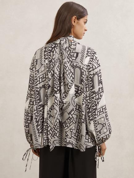 Reiss Harry High Neck Long Sleeve Blouse, Ivory/Black - view 2, Ivory/Black
