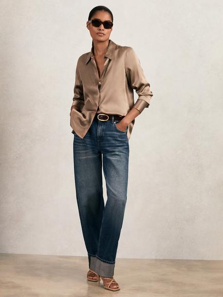 Reiss Petite Ameira Pure Silk Satin Shirt, Taupe Brown