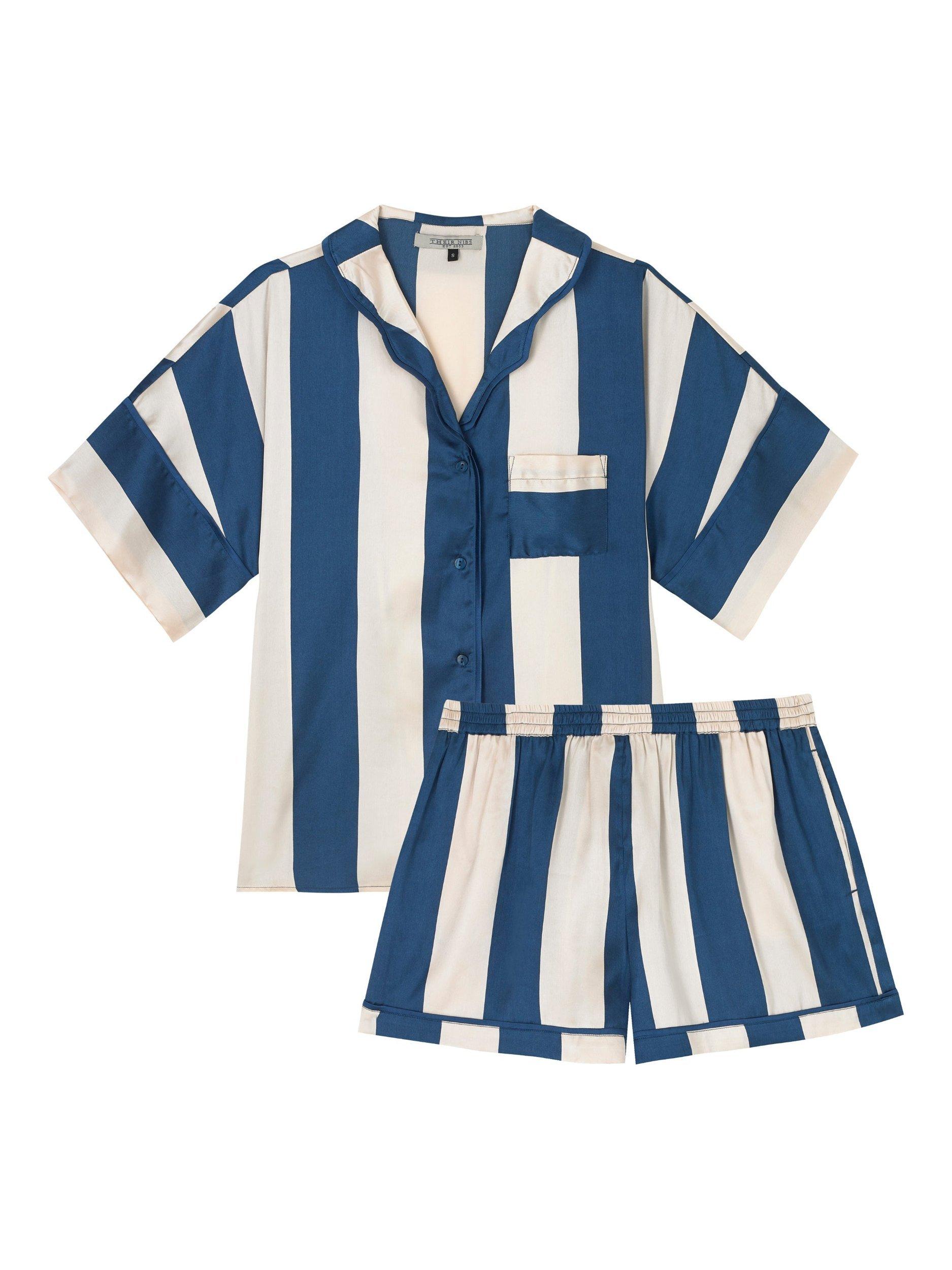 Product image 3 of 3, which shows Their Nibs Satin Short Striped Pyjama Set, Navy, XL