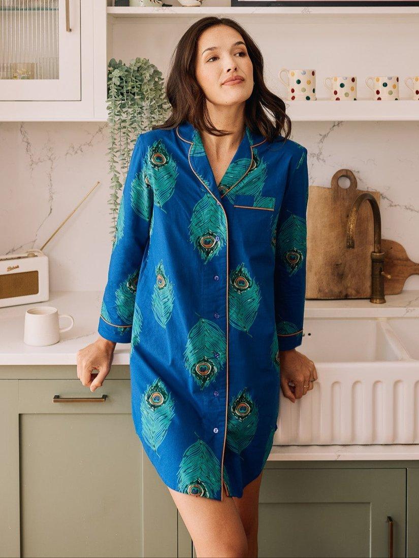 Product image 1 of 2, which shows Their Nibs Peacock Feather Long Sleeve Nightshirt, Navy, XL