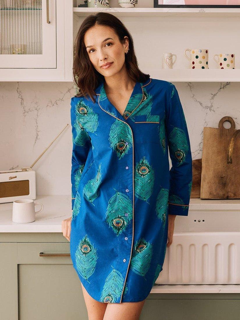 Product image 2 of 2, which shows Their Nibs Peacock Feather Long Sleeve Nightshirt, Navy, XL
