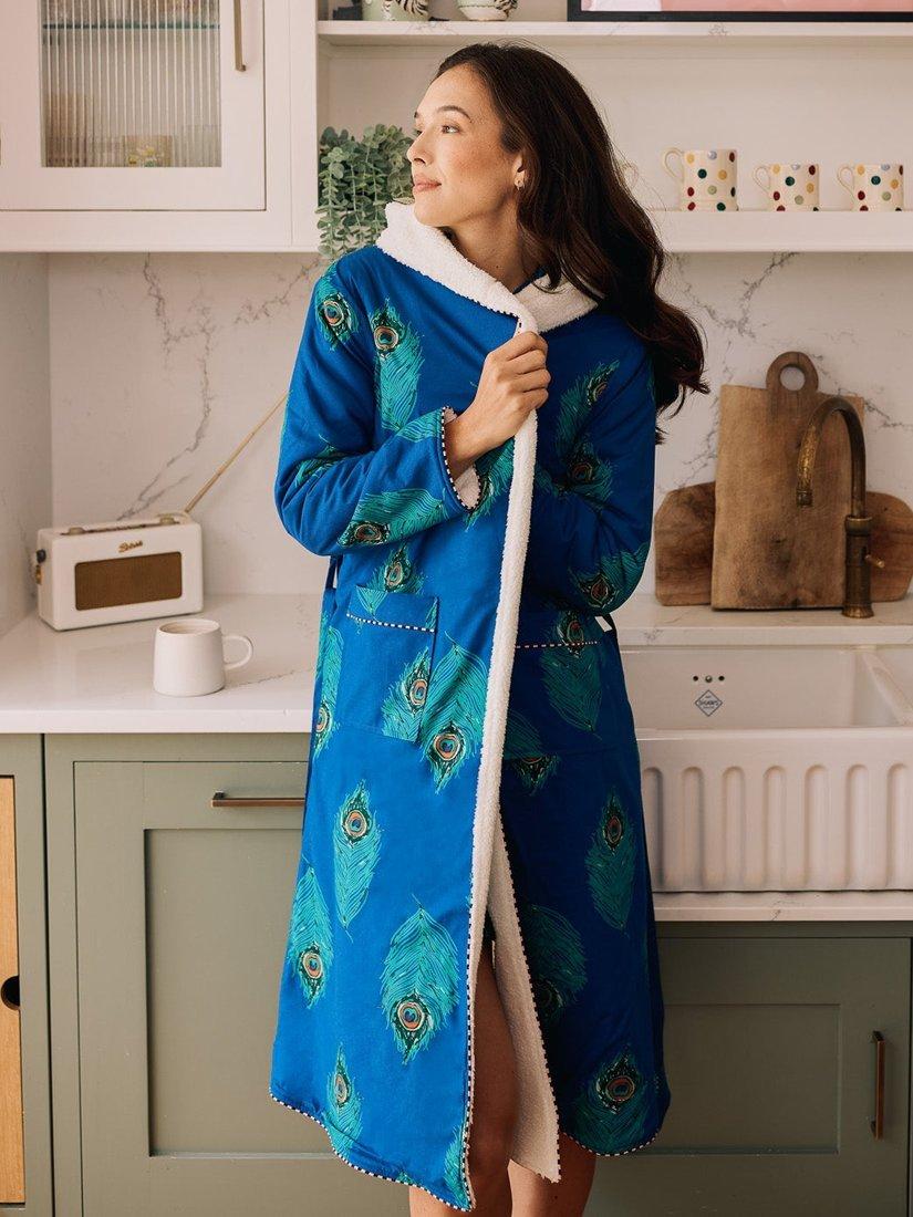 Product image 2 of 3, which shows Their Nibs Peacock Feather Fleece Dressing Gown, Navy, M