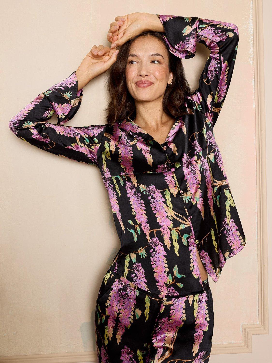 Product image 1 of 2, which shows Their Nibs Satin Long Sleeve Printed Pyjama Set, Black, XXL