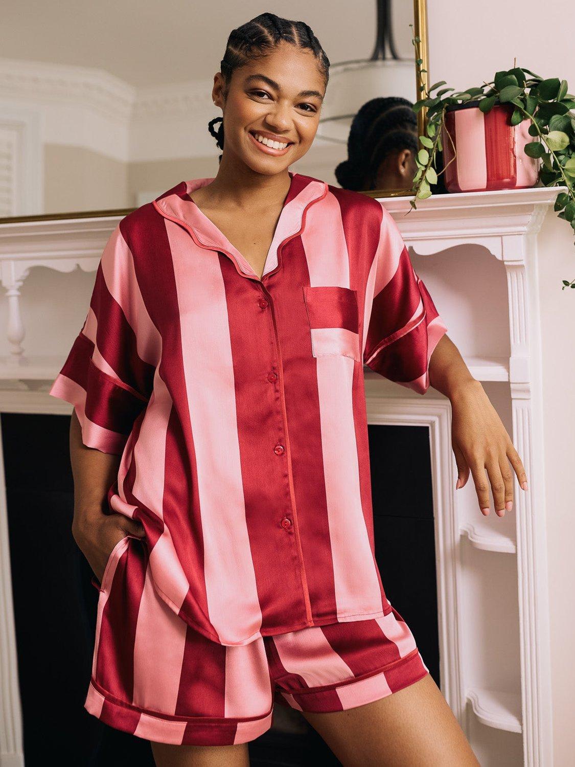 Product image 1 of 4, which shows Their Nibs Satin Short Striped Pyjama Set, Pink, XS