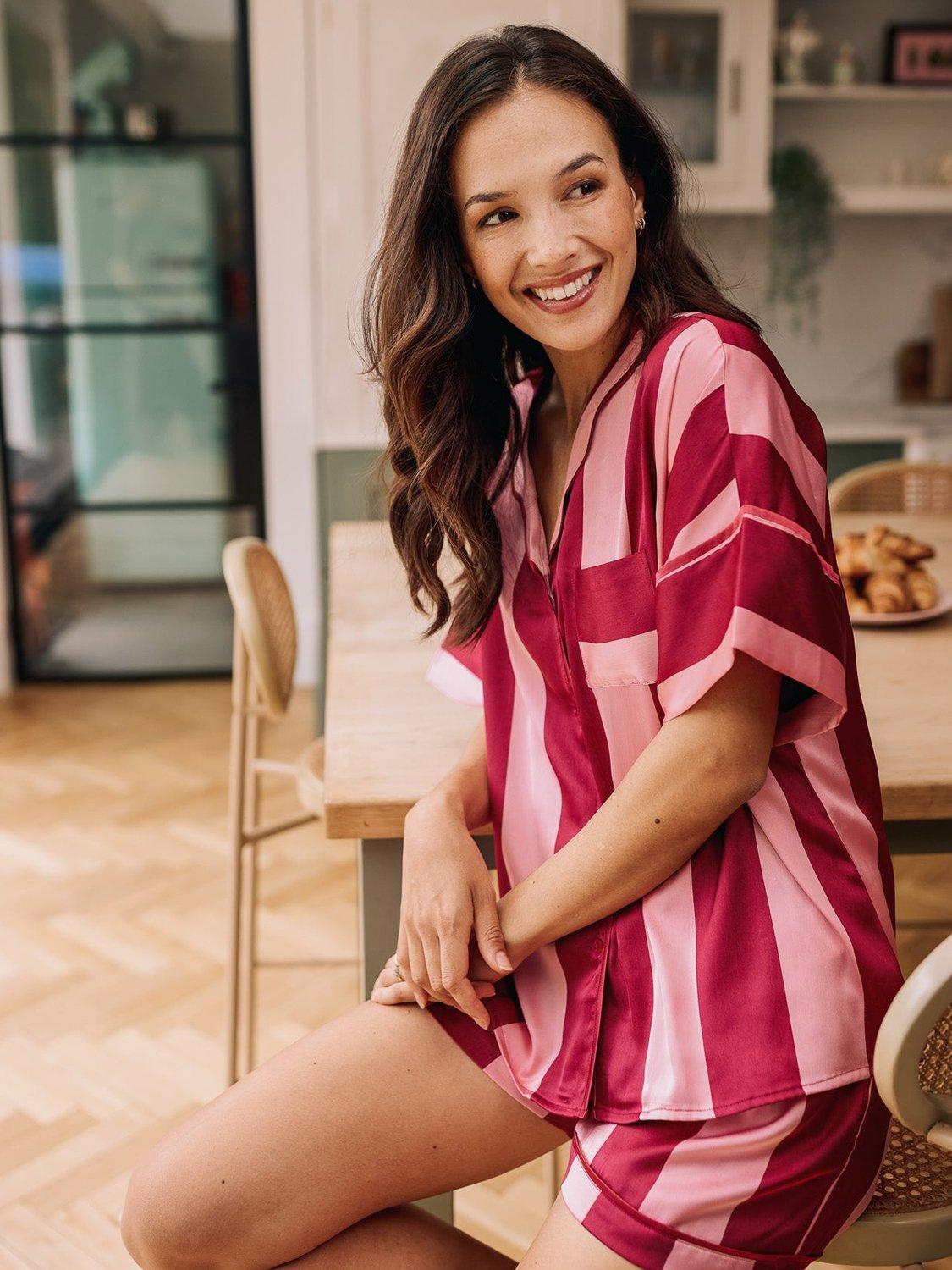 Product image 2 of 4, which shows Their Nibs Satin Short Striped Pyjama Set, Pink, XS