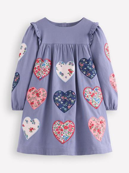 Mini Boden Kids' Cotton Long Sleeved Dress, Dusty Blue Hearts, Dusty Blue Hearts