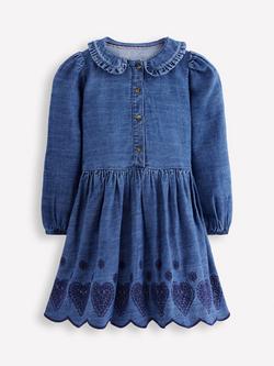 Mini Boden Kids' Cotton Long Sleeved Peter Pan Shirt Dress, Broderie Hearts, Broderie Hearts
