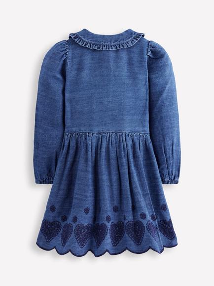 Mini Boden Kids' Cotton Long Sleeved Peter Pan Shirt Dress, Broderie Hearts - view 2, Broderie Hearts