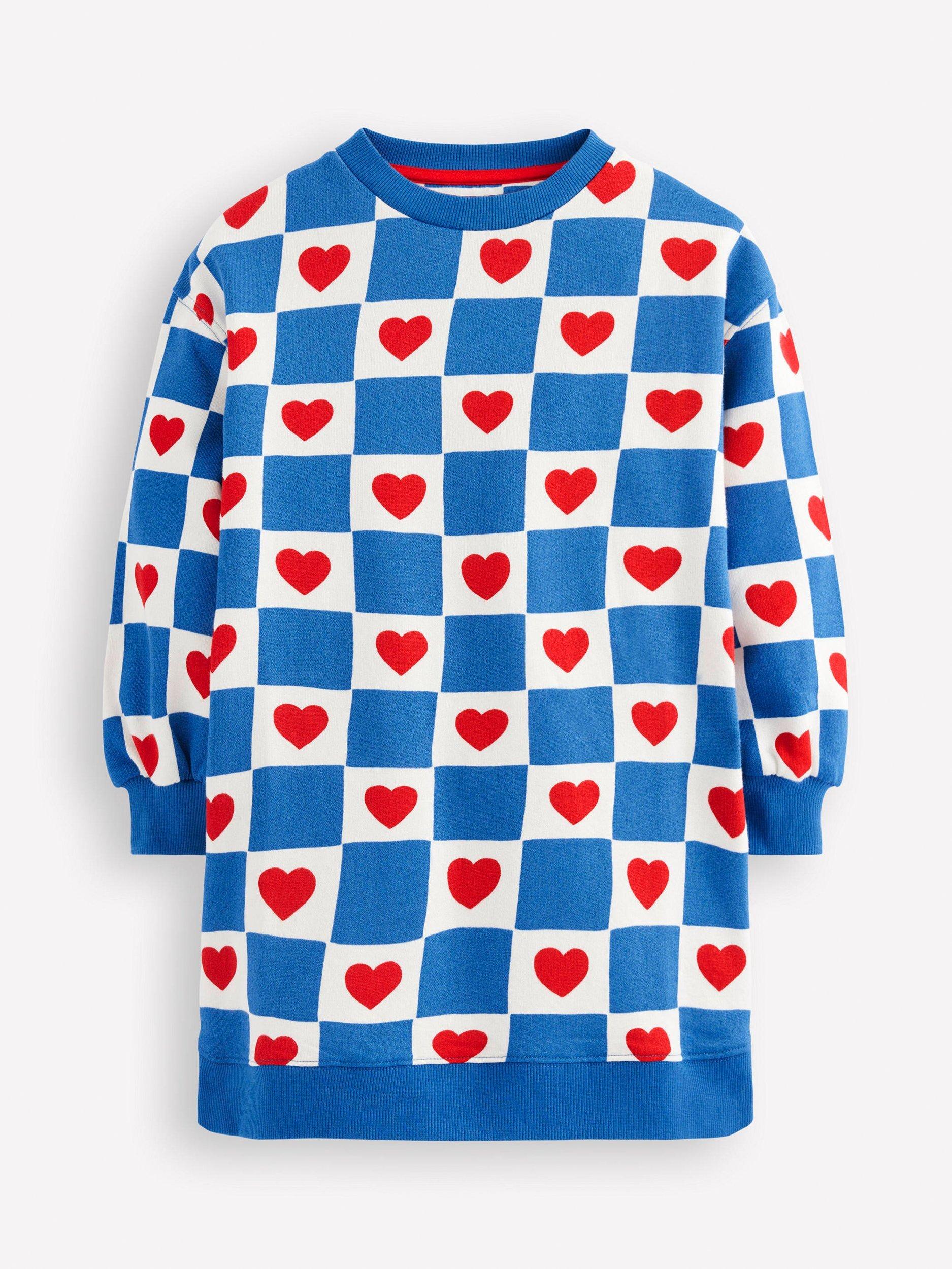 Mini Boden Kids' Cotton Relaxed Sweatshirt Dress, Blue Heart Stamp