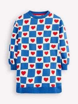 Mini Boden Kids' Cotton Relaxed Sweatshirt Dress, Blue Heart Stamp, Blue Heart Stamp