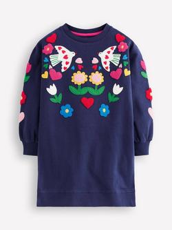 Mini Boden Kids' Cotton Relaxed Sweatshirt Dress, College Navy Birds, College Navy Birds
