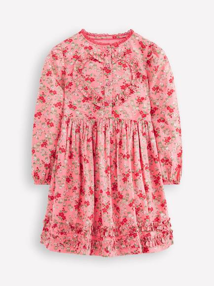 Mini Boden Kids' Cotton Long Sleeved Ruffle Button Dress, Pink Meadow Floral, Pink Meadow Floral