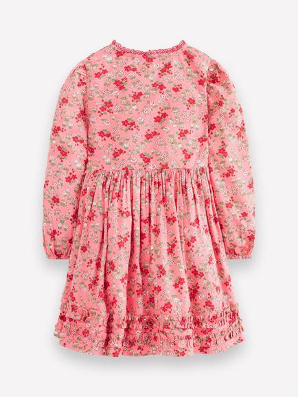 Mini Boden Kids' Cotton Long Sleeved Ruffle Button Dress, Pink Meadow Floral - view 2, Pink Meadow Floral