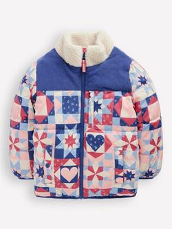 Mini Boden Kids' Borg Collar Puffer Jacket, Blue Patchwork, Blue Patchwork
