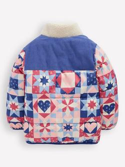 Mini Boden Kids' Borg Collar Puffer Jacket, Blue Patchwork - view 2, Blue Patchwork