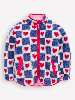 Mini Boden Kids' Eden Printed Borg Zip Jacket, Blue Heart Stamp, Blue Heart Stamp
